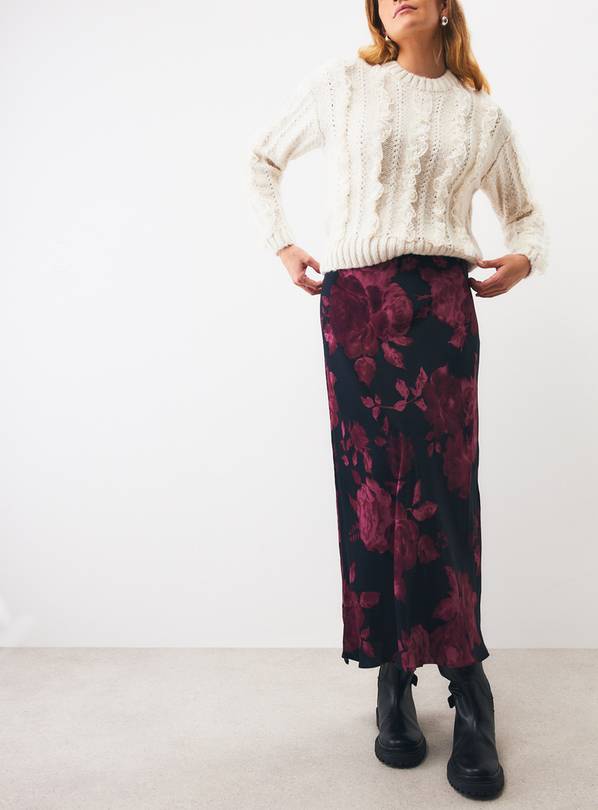 Dark Red Floral Satin Midaxi Slip Skirt 16
